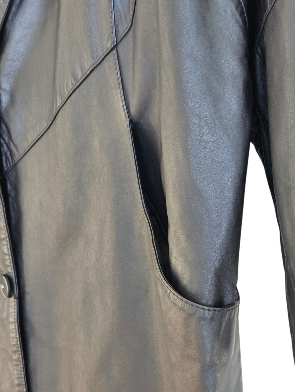Vintage Long Leather Black Trench Coat Duster Pelle New York-Milano L STUNNING - Picture 5 of 16
